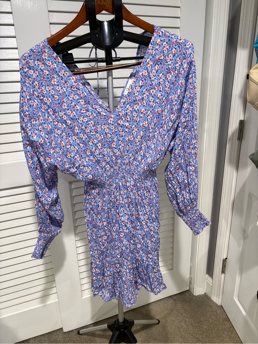 Japna Blue Floral Long Sleeve Smocked Waist Dress